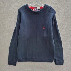 VINTAGE Chaps Men‎ Sweater Large Navy Herringbone Hand Framed Heavy Knit Crest